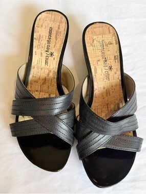 Montego Bay Club Black Strappy Cork Wedge Sandals Size 7.5 Low Heel Comfort